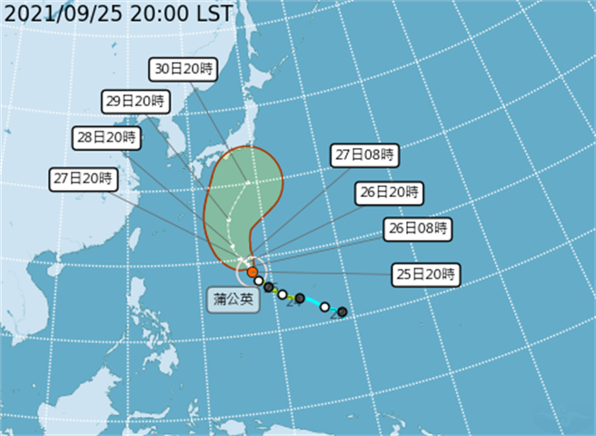 蒲公英路径可能会出现大角度抛转，不只对台湾无直接影响，连日本本土也能巧妙闪避。（气象局提供）