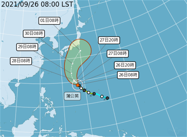 蒲公英早上8時近中心最大風速每秒51公尺，瞬間最大陣風每秒63公尺，達到強颱標準。(翻攝自氣象局)