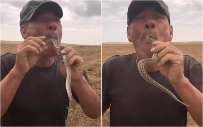 俄罗斯男子表演「吞蛇」遭蛇反咬，之后出现严重过敏反应送医不治。（截自YouTube影片）