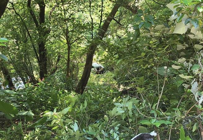 北投紗帽路發生車輛衝出邊坡，跌落10公尺深的山谷。（圖／李文正翻攝）