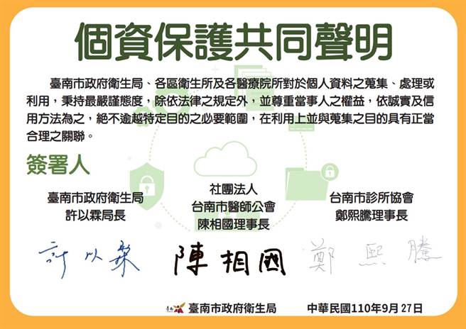 台南市政府偕同台南市診所協會、台南市醫師公會共同簽署個資保護聲明書。（南市府提供／洪榮志台南傳真）