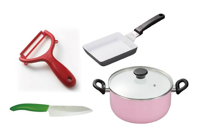 京瓷陶瓷塗層粉嫩雙把鍋24cm ＋ 京瓷彩色陶瓷刀140 金蔥綠 ＋ CERABRID陶瓷加工玉子燒鍋 ＋ 京瓷陶瓷刮皮刀8cm，原價6330元，優惠價5000元。（台隆手創館提供）