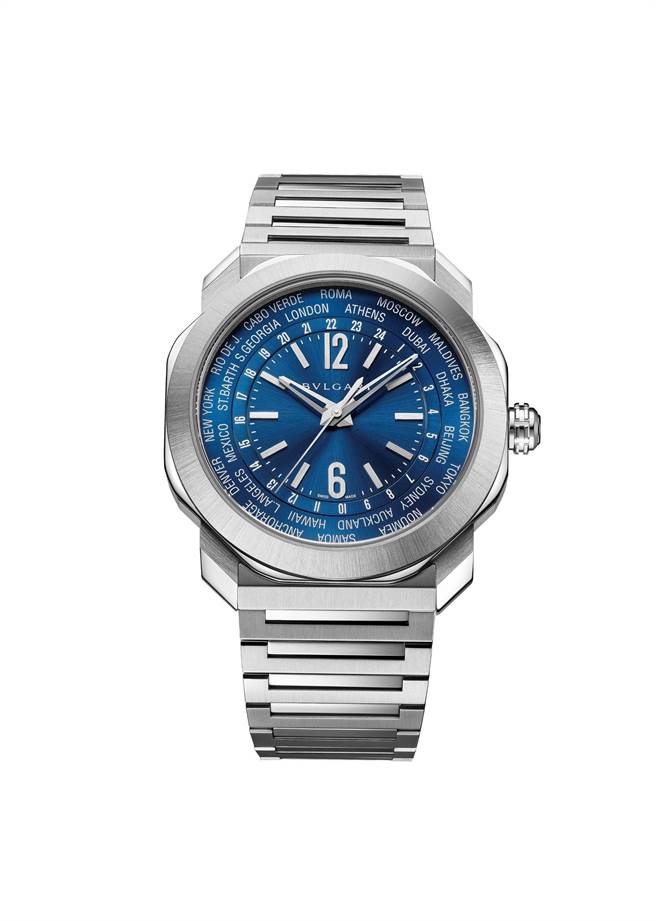 寶格麗OCTO ROMA WORLDTIMER世界時區腕表，約26萬1500元，入圍本屆日內瓦鐘表大賞。（BVLGARI提供）