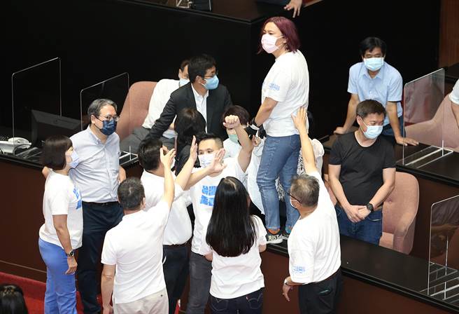立法院28日院会邀请行政院长到院施政报告并备质询，国民党与民进党立委一早抢占发言台，立委陈玉珍一度站到桌上。（姚志平摄）