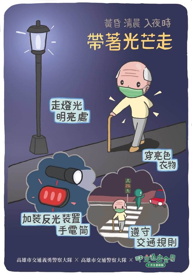警方製作圖表提醒夜歸長輩要穿亮色衣物並注意交通安全。（高市警局交通大隊提供／石秀華高雄傳真）