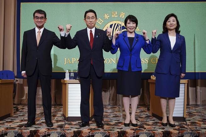 自民党29日将进行总裁选举。图中左起河野太郎、岸田文雄、高市早苗和野田圣子。（图／美联社）