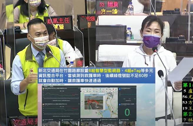 台南市议员林美燕（右）质询要求市府交通局长王铭德（左），比照新北、台中建置救护车与交通号志连动。（林美燕提供／洪荣志台南传真）