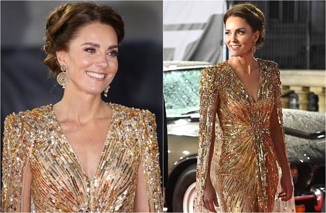 凱特王妃出席《007生死交戰》，黃金色開深V戰袍驚艷全場，被讚比女主角還像女主角。(圖／達志提供)