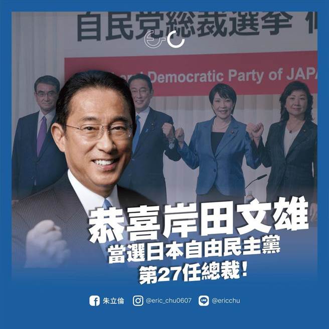 日本自民黨今天舉辦總裁選舉，由前外相岸田文雄勝出，將成為日本新首相。國民黨主席當選人朱立倫晚間恭喜岸田文雄當選。（摘自朱立倫臉書）