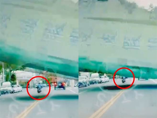 骑士后方的行车纪录器画面曝光，只见骑士当时行驶到大楼下方发现大楼竟正朝他倒下，随即猛催油门、加速骑到前方对向车道，才惊险躲过一劫。（民眾提供）