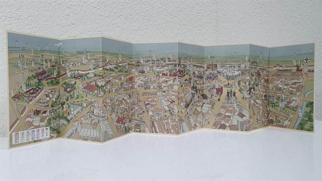 枋溪地图以浮世绘风格制作，是一幅超广角的空中鸟瞰图。（中西区公所提供／程炳璋台南传真）