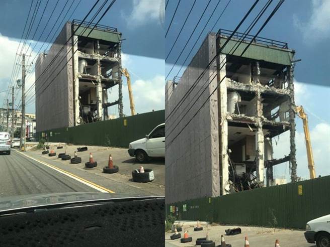 脸书「我是中坜人」贴出1张当地建筑拆除照，网友发现图片中建筑后方的柱子残破细小，机具也在大楼后方作业，惊觉与漫波饭店方式类似，惊呼「不怕事件重演？」（翻摄自脸书「我是中坜人」）