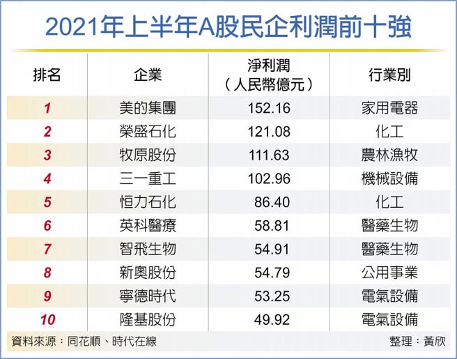 2021年上半年A股民企利润前十强