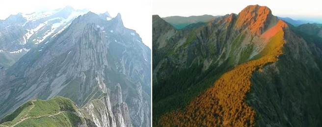 外交部國慶影片出包，左圖為原畫面誤植瑞士阿爾卑斯山；右圖為更新後的玉山畫面。（合成圖／翻攝畫面）