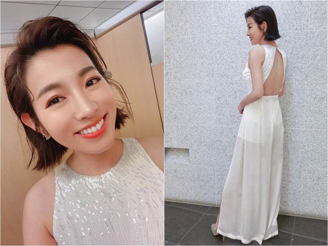 米可白身穿白色削肩禮服，舉手投足超氣質。（圖／取材自米可白臉書）