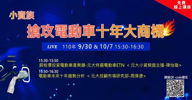 （元大證券10月7日(四)免費線上講座 小資如何搭上電動車大商機。圖／元大證券提供）
