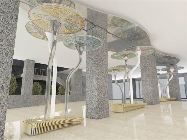 明年將啟用的豐原轉運中心主體結構已完成，內部公共藝術呈現在地文化與歷史意涵，別具特色。(交通局提供／林欣儀台中傳真)