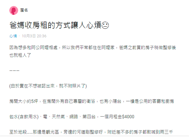 房客搬来17个月只交过4个月房租，还不断在房间吹冷气、带女友回家；女网友怒说1个月租金仅4000，含水电、天然气、网路等，「根本佛心到不行」。（翻摄自Dcard）