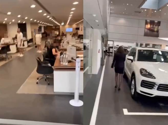 一名保时捷男车主不满车辆过保后发生漏油的情况，1日上午在展示大厅中大闹，还自拿手机录影搜证。（图／记者爆料网）