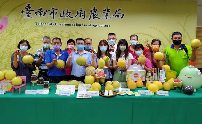 陈技正惠珍与麻豆区农会、下营区农会、佳里区农会、5012生态果园、
麻豆勇伯农产行、楠西福农果菜运销合作社代表合力推荐臺南优质红柚与大白柚。(图／臺南市政府农业局提供)