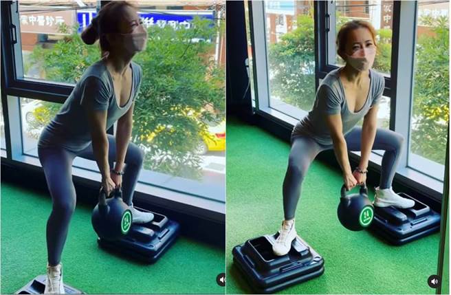 谢忻虽然一边运动、一边哀号惨叫，不过身穿低胸V领的谢忻，一个蹲下就让深邃事业线全都露。（图／取材自谢忻Instagram）