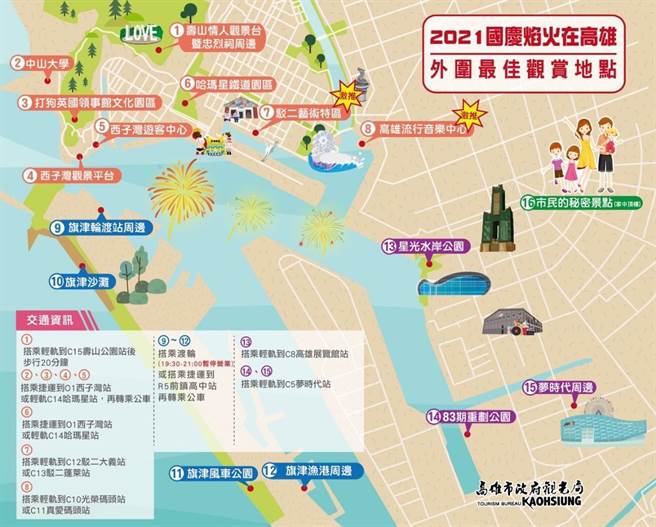 高市观光局再曝15大最佳观赏地点全攻略，其中更破天荒在时代大道封街。（高市府提供）