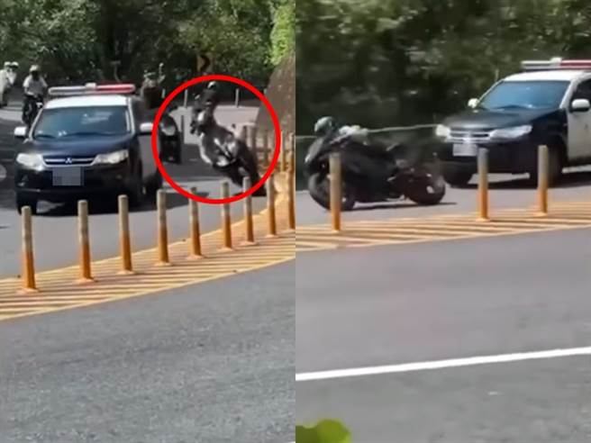 重机骑士行经北宜公路「财茂弯」连续过弯时展现压车飙速绝技，没想到就连前方有辆「警车」也不理会，直接高速骑过警车旁呼啸而过。（翻摄自脸书「重机车友❘各区路况、天气回报中心」）