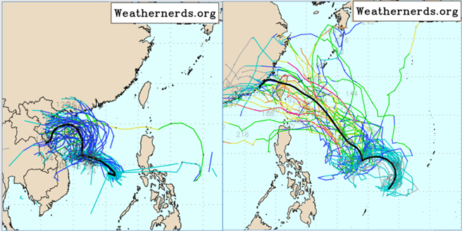 最新欧洲模式50次模拟路径(左图)显示，南海扰动与台湾皆有段不小距离，没有直接威胁。美国模式模拟，菲律宾东方扰动的路径(右图)更具威胁性，路径包括穿过巴士海峡或通过台湾皆有机率。(图撷自Weathernerds)

