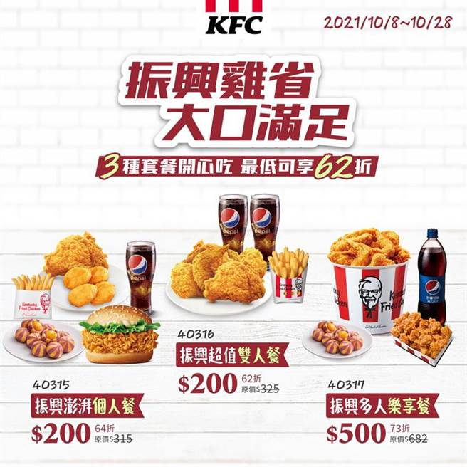 （肯德基將自10月8日起至10月28日止於全台限期推出「振興雞省套餐」。圖／肯德基）