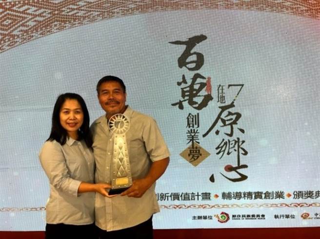 牧力.感都(右)及芭奈.比吼獲得原民會百萬創業獎頒獎現場。(戴志揚翻攝)