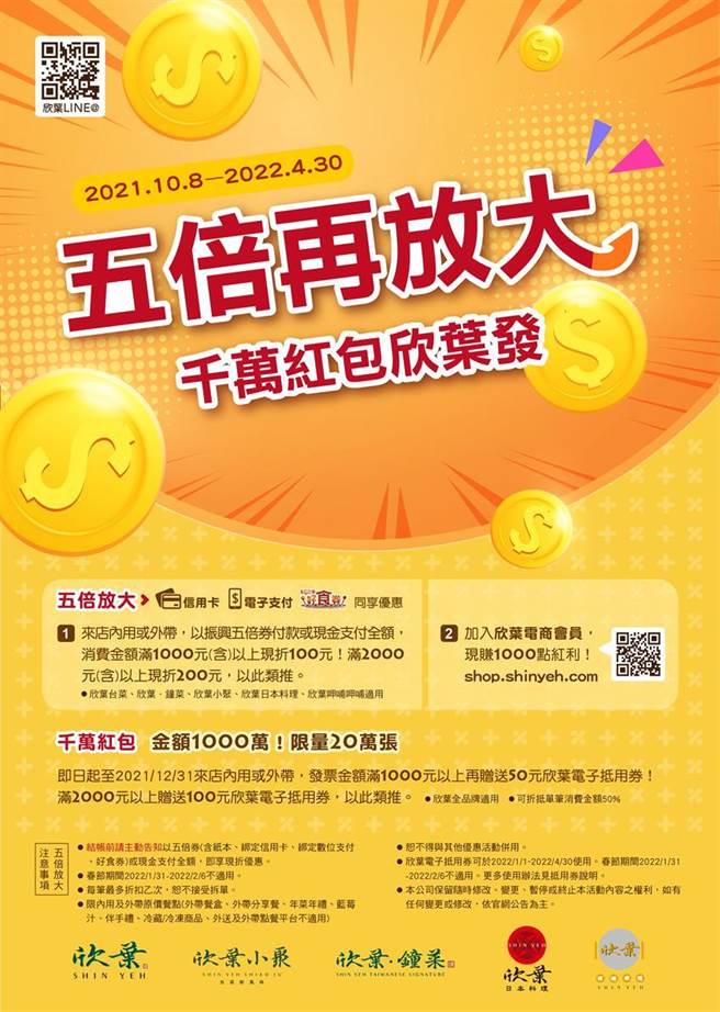 （针对10月8日起上路的五倍券，欣叶餐饮集团旗下9大品牌同步推出多种优惠，电商平台会员千元红利回馈，数位绑定、纸本、现金支付优惠同步。图／欣叶集团提供）