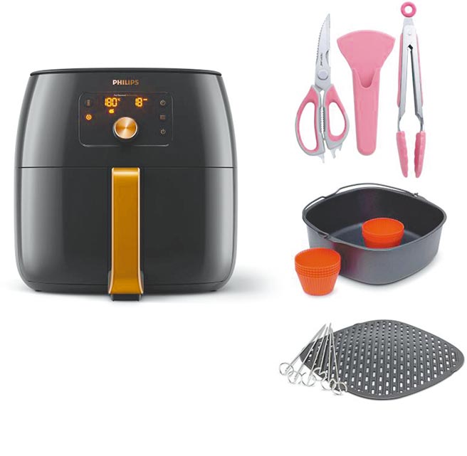 新光三越独家PHILIPS健康气炸锅XXL高规版（黑金色），原价2万1900元、5折特价1万990元，买即赠「煎烤盘＋烘烤锅＋隋棠24国料理食谱＋Neoflam料理剪刀三件组」。（新光三越提供）