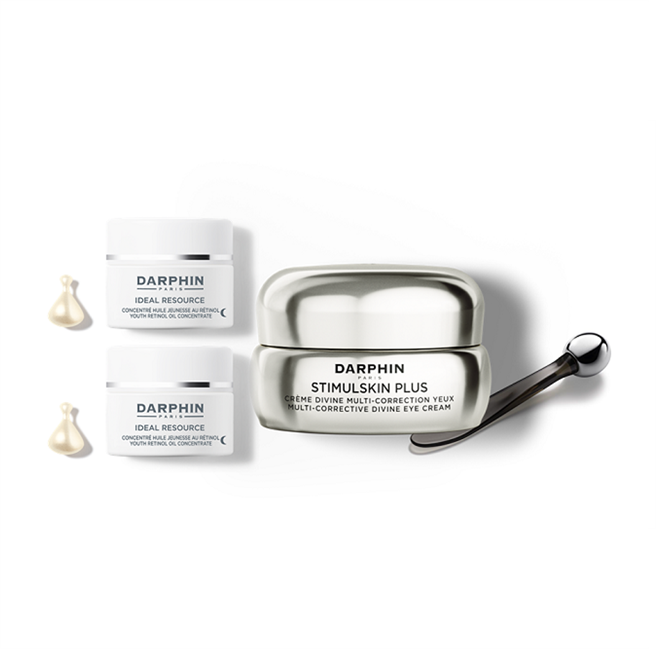 DARPHIN深海眼唇霜新品组内含深海翡翠鱼子紧致眼唇霜15ml、维他命A精露胶囊7颗x2，价值7712元，搭配活动加码赠价值2072元的芳香精露1.4ml x5。（DARPHIN提供）