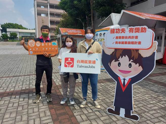 劳动力发展署中彰投分署与中彰投地区大专校院合作，「梦想载卡多」就业服务巡迴车驶入校园，帮助青年学生实现梦想，找到速配工作，在职场发挥所长。（劳动力发展署中彰投分署／卢金足台中传真）