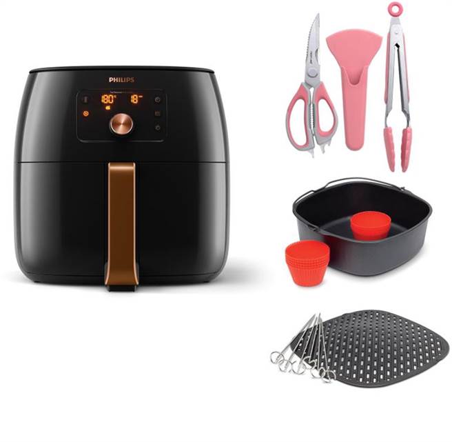 新光三越五倍券必买，PHILIPS健康气炸锅XXL高规版（黑金色）HD9651/62，原价2万1900元、特价1万990元，独家赠「煎烤盘（附串籤）+烘烤锅（附马芬杯）+隋棠24国料理食谱+Neoflam料理剪刀三件组」，5折。（新光三越提供）