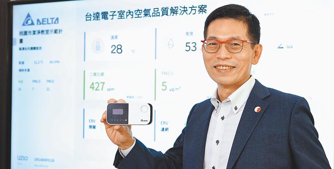 台達樓宇自動化事業部總經理江文興介紹，UNOnext室內空氣品質偵測器與雲端管理平台搭配，可全時偵測多種空氣污染數值，並智慧聯動各品牌新風設備。圖／台達提供