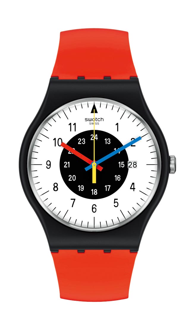 SWATCH復刻版紅與黑24小時腕表，表殼和表扣以生物陶瓷製成，表帶採用生物材質，十分創新環保，2850元。（SWATCH提供）