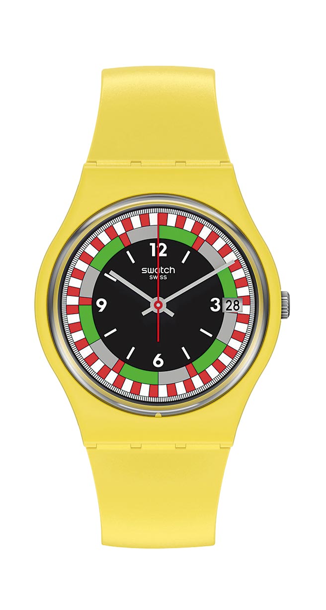 SWATCH復刻版黃色競速YEL RACE表，復刻自1984年打破金氏紀錄高達162公尺巨型腕表，2500元。（SWATCH提供）