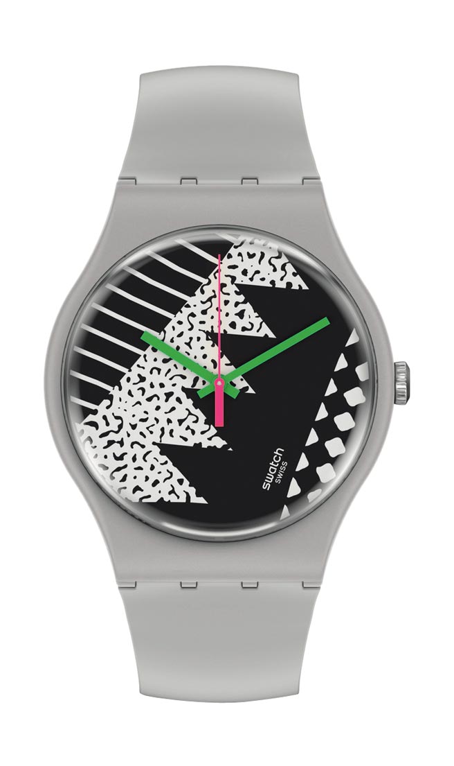 SWATCH復刻版灰色曼菲斯腕表，表殼和表扣以生物陶瓷製成，表帶採用生物材質，2850元。（SWATCH提供）