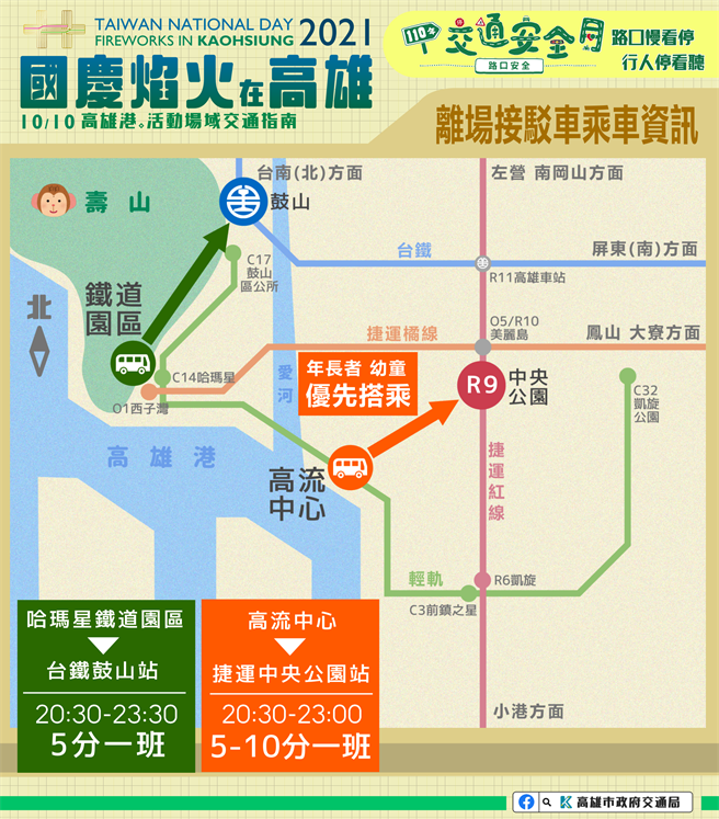 高市府公布國慶焰火當天，搭乘接駁車相關資訊。（（高雄市政府提供／石秀華高雄傳真）