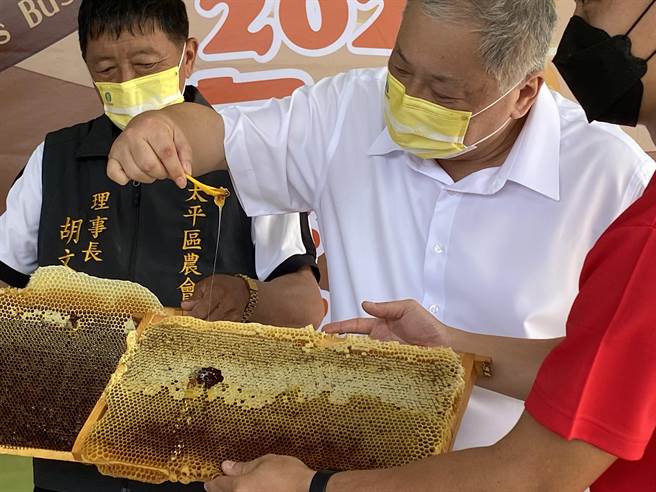 台中太平农会推出蜜蜂生态小旅行、蜜蜂农游巴士等活动，农会总干事余文钦邀民眾来太平体验拿蜂巢片、挖蜂巢蜜等养蜂场日常。（冯惠宜摄）
