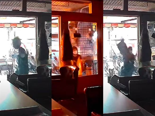 男子不斷拿椅子和鐵板狂砸玻璃，但玻璃卻一動也不動、毫無損傷，男子幾乎使出全身力氣砸了約8下卻徒勞無功，最後只好憤然離去。（翻攝自臉書「爆料公社」）