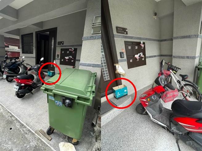 原来他所放的「绿色外送箱」竟是绿色大型垃圾桶，而真正的外送箱就只是在门口小小的纸箱，不少网友笑说「顏色没错啊」、「应该很多人都会误会」。（翻摄自脸书「外送员的奇闻怪事」）