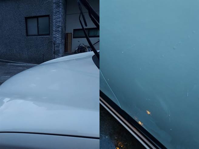 女友日前好心趁他下班回家前幫他洗車，結果竟是用「菜瓜布」用力地將烤漆上的黑點全刮下來，他事後觀察車體，發現白色亮面烤漆已出現好幾處「消光白」。（翻攝自PTT）