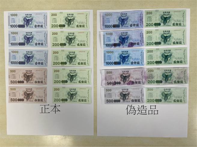 首例偽造五倍券現蹤高雄，警方提供正版的與偽造五倍券比較，希望民眾分辨清楚。(戴志揚翻攝)

