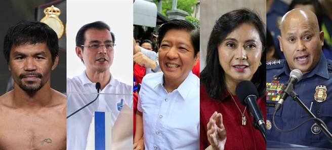 2022年菲律宾总统参选人，左至右分别是巴乔、莫雷诺、小马可仕、罗贝多以及Ronald dela Rosa。（图／美联社、路透）