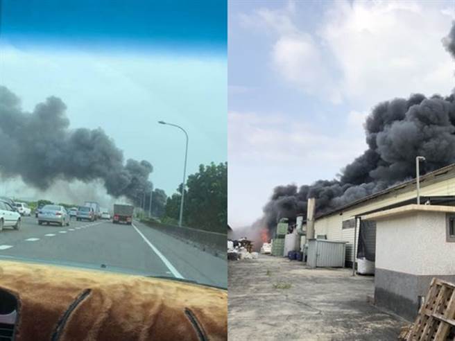 国道1号南向路竹段339公里处，道路旁的工厂今（9日）发生火警，大量浓密黑烟向上窜升，影响该路段视线，目前车流回堵约9公里。（翻摄自记者爆料网）