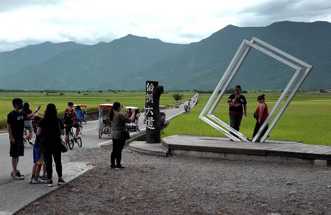 國慶連假首日，台東縣池上鄉伯朗大道等熱門景點，出現旅遊人潮。（莊哲權攝）
