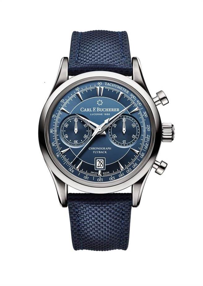 宝齐莱马利龙Manero Flyback飞返计时码表，蓝色编织表带款21万元。（ Carl F.Bucherer提供）