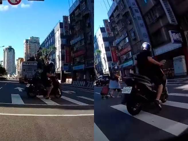 原來該騎士是用「機車」擋住老婦人身體，避免老婦因腳程太慢卡在路中遭遇危險，影片曝光後網友紛紛大讚騎士超有愛心。（翻攝自YouTube）